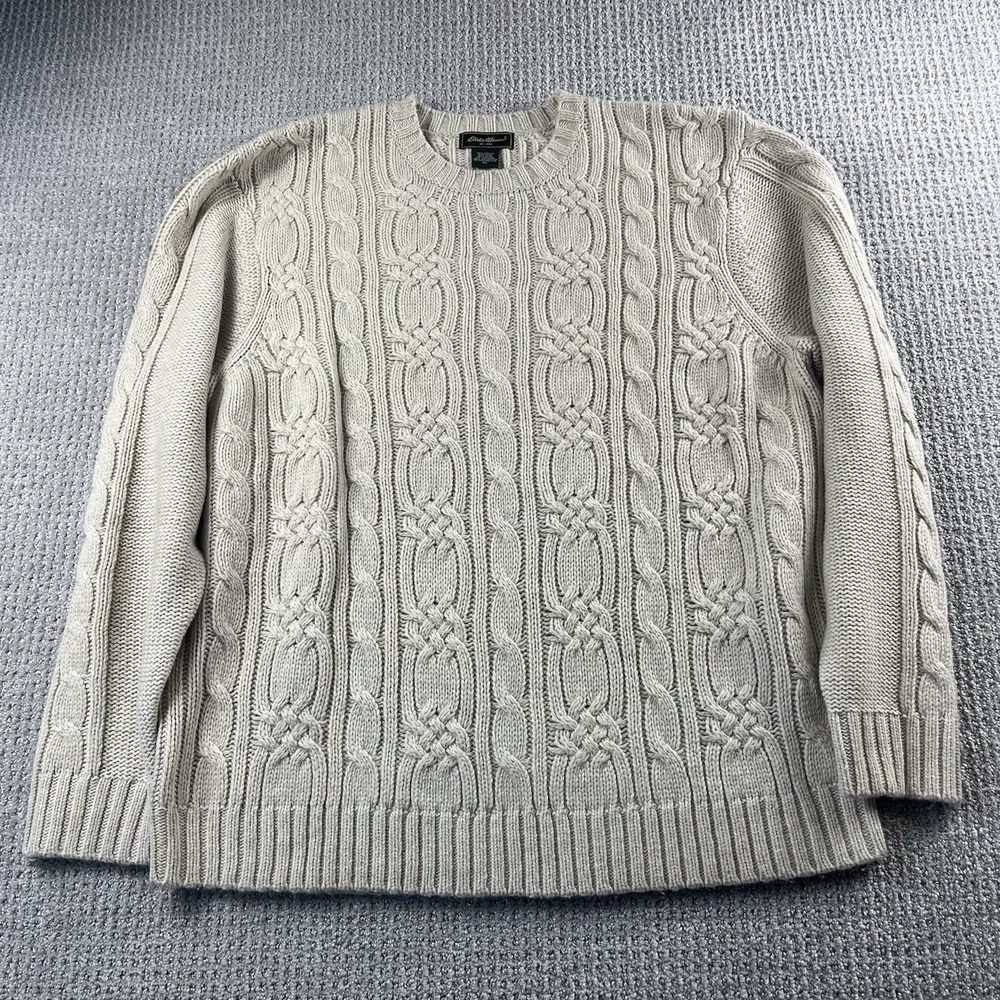 Eddie Bauer Cable Knit Fisherman Pullover Sweater Wool Cashmere Gray Mens XL